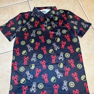 Black Short-Sleeve Polo with Red Lobster & Yellow Lemon Print